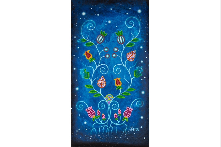 A symmetrical floral design grows upward with a star filled sky in the background.