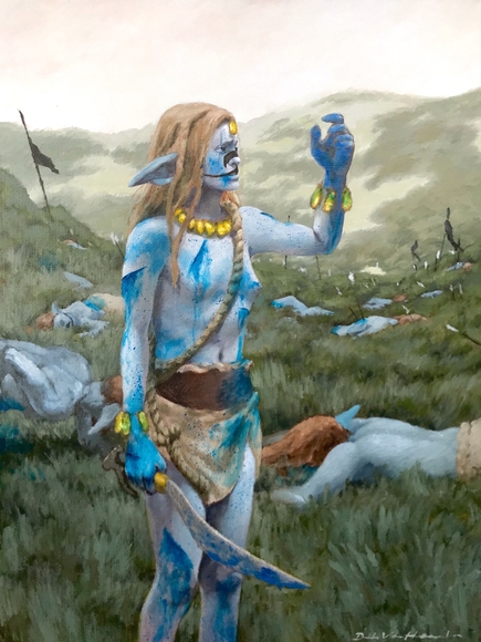 In a misty valley, a blood-covered highland elf is surrounded by dead elves, arrows, and black flags.