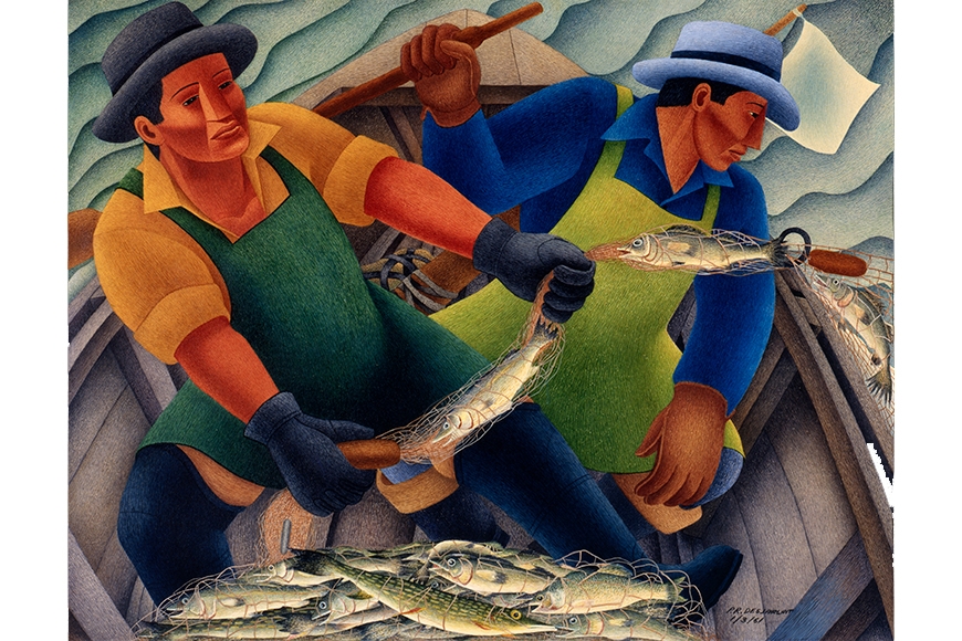 Two fishermen form an X composition with their bodies as one holds an oar and the other pulls in a net of fish.