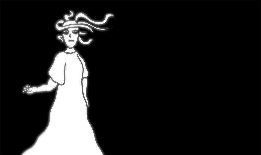 An adult girl stands with a pitch black background. She is completely white, with a white dress. She is glowing. Her hair is flowing, and her hand is held out beside her. Her ring finger is crooked.