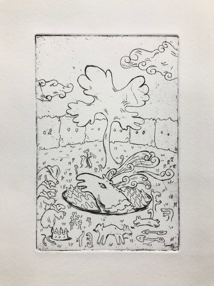 A black and white intaglio print depicting the head of a large creature emerging from a watery hole, surrounded by plants and other strange creatures. 