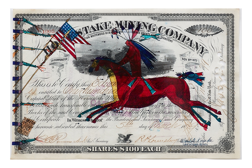 A Native American figure rides on horseback towards an American flag and a series of firing guns. This scene is superimposed on top of a Homestake Mining Company shares document.