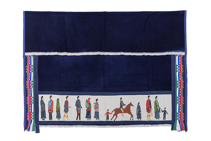 Sewn textile with a procession of painted adults and children carrying their possessions as if they are going on a journey.