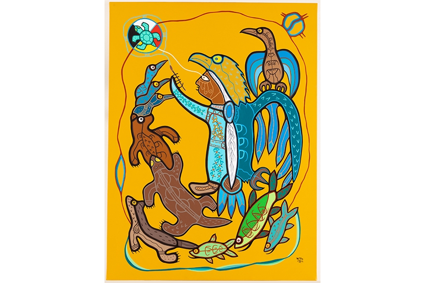Abstract composition of a figure wearing an eagle and turtle headdress while being encircled by other animals. 