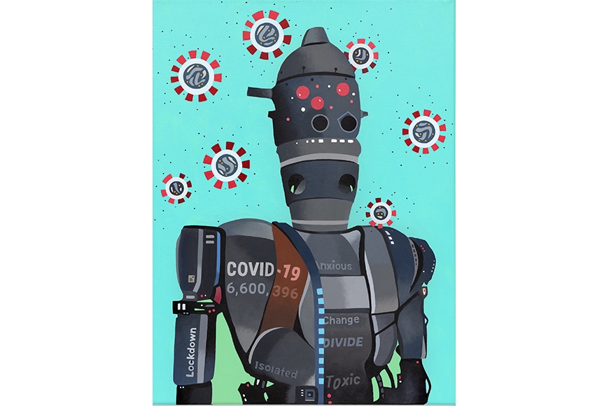 Portrait of a robot surrounded by floating particles that represent the Coronavirus.