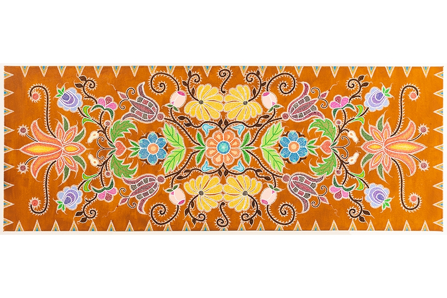 Symmetrical, horizontal floral composition meant to mimic bead work.