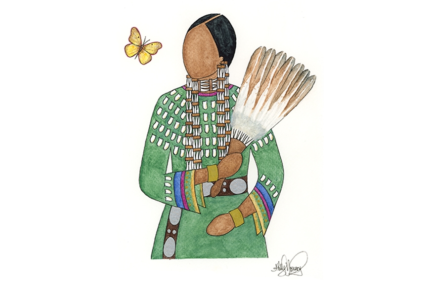 Illustration of a Native American woman looking at a butterfly while she holds a small hand broom made with feathers.