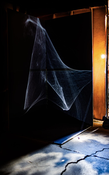 In a photograph with a dark background, there is a cracked cement floor and a cobweb-like figure.