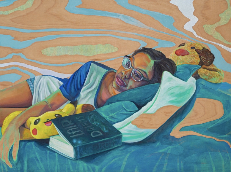 Painting of a Black person in glasses and a t-shirt laying on a bed with a book and stuffed animals, mostly in shades of turqoise, brown, and green