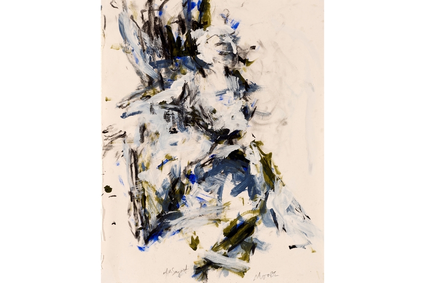 Abstract painting made with directionally vertical brush strokes suggesting a figure in the center of the composition.