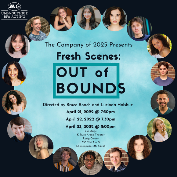 Headshots of each of the 2025 BFA Class are arranged in a circle. Inside the circle of photos reads the show information: "The Company of 2025 Presents Fresh Scenes, Out of Bounds" and the dates.