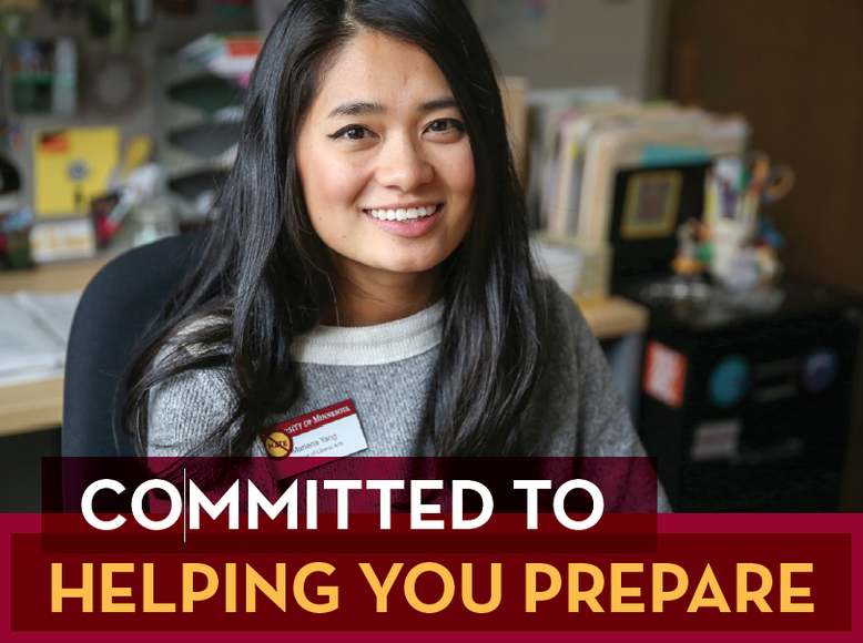 Photograph of Marlena Yang, a CLA career counselor, with the headline text reading "Committed to helping you prepare."