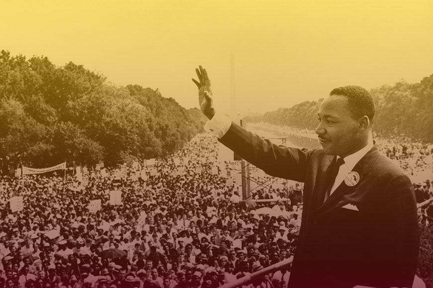 Archival image of Martin Luther King, Jr. in front of a crowd in Washington D.C. with a gold to maroon gradient over