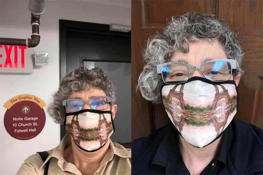 Side-by-side images of Lydia Belatèche, Senior Lecturer of French wearing a mask.