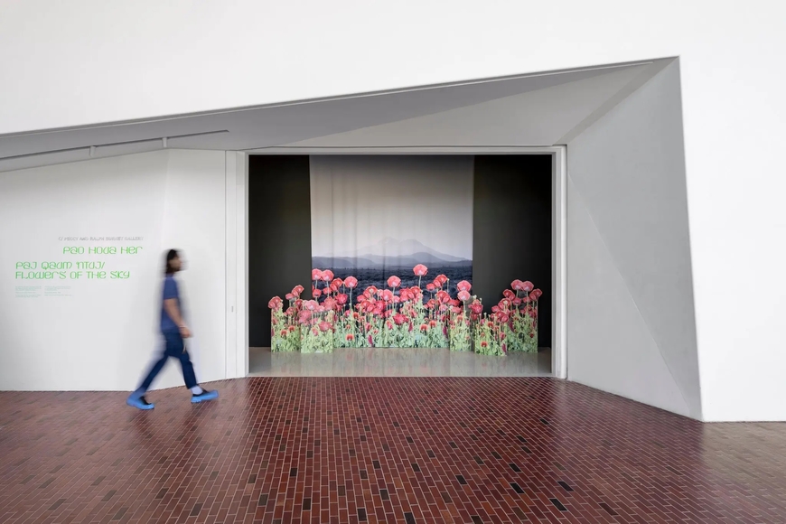 A blurred person walks into a gallery entrance with cutouts of large red poppies in front of a grayscale landscape of mountains