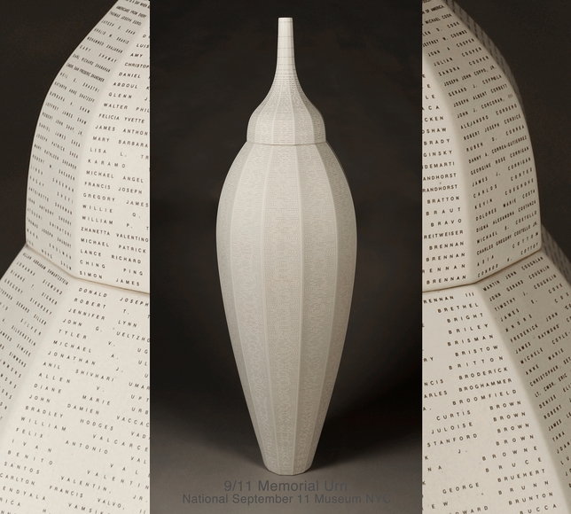 White ceramic urn printed with the names of 9/11 victims stands against a black background, with close-up views on the left and right side of the photo