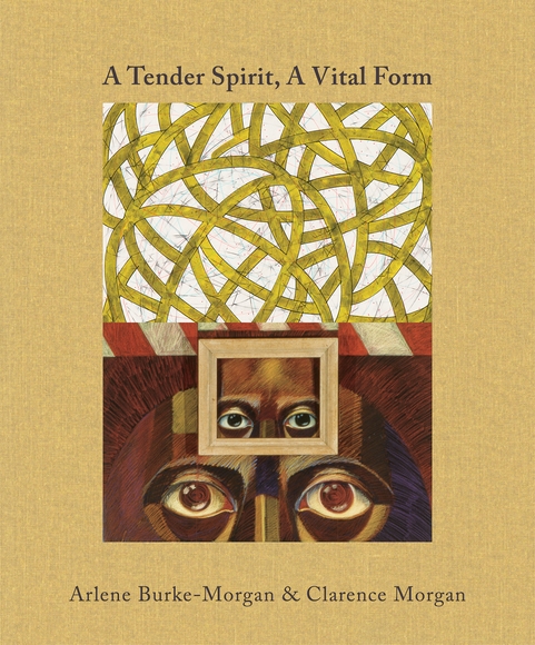 "A Tender Spirit, A Vital Form" on cream background above composite of two artworks: yellow swirls on white above and a person's eyes duplicated in a frame over their forehead below.