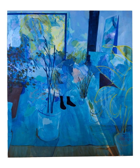 Blue painting of a domestic interior with houseplant and person