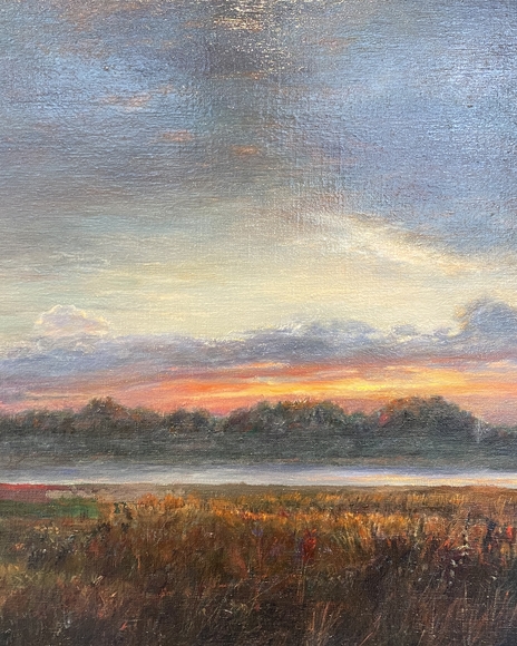 Landscape painting of a prairie at sunrise