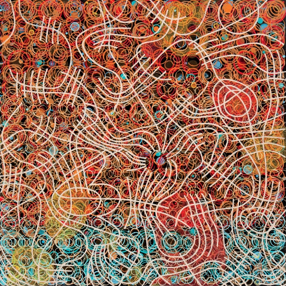 Abstract painting of white lines atop red, yellow, and blue swirls on black