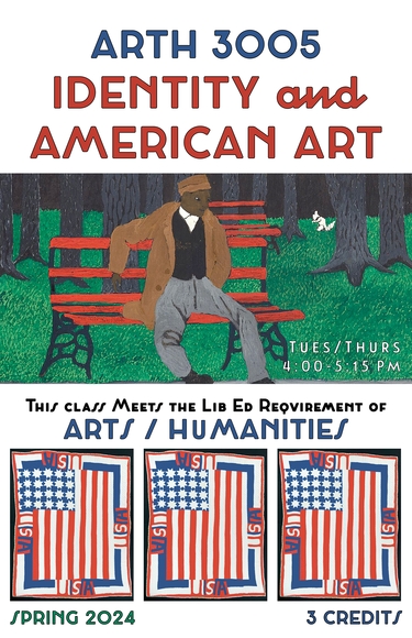 Spring '24 course poster for ARTH 3005: Identity and American Art. White background with a Black man seated on a bench. At the bottom are three American flags.