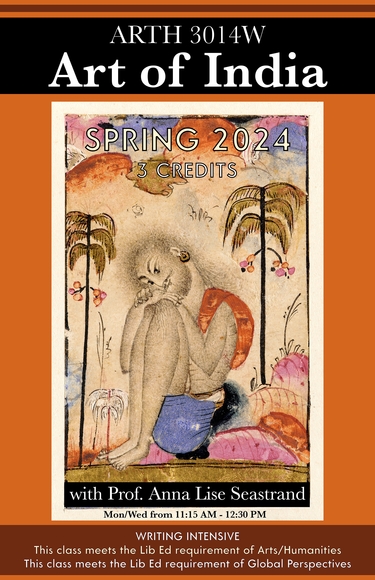 Spring '24 course poster for ARTH 3014W: Art of India. Orange background with a human figure in the center.