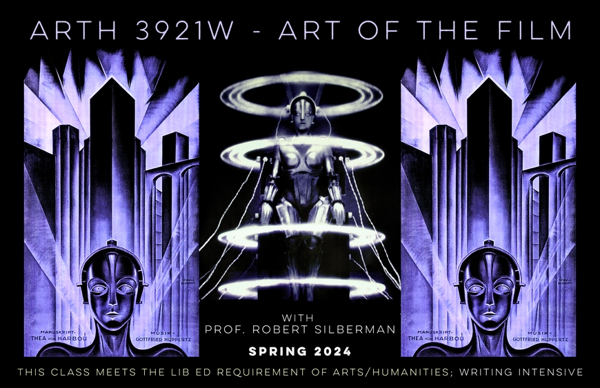Course poster for ARTH 3921W Art of the Film with Prof. Robert Silberman. Black background with purple artwork depicting a body in front of art deco style buildings.  
