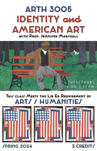 Spring '24 course poster for ARTH 3005: Identity and American Art. White background with a Black man seated on a bench. At the bottom are three American flags.