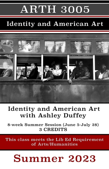 Poster for ArtH 3005 Identity and American Art showing a black and white photo of people travelling on a train.