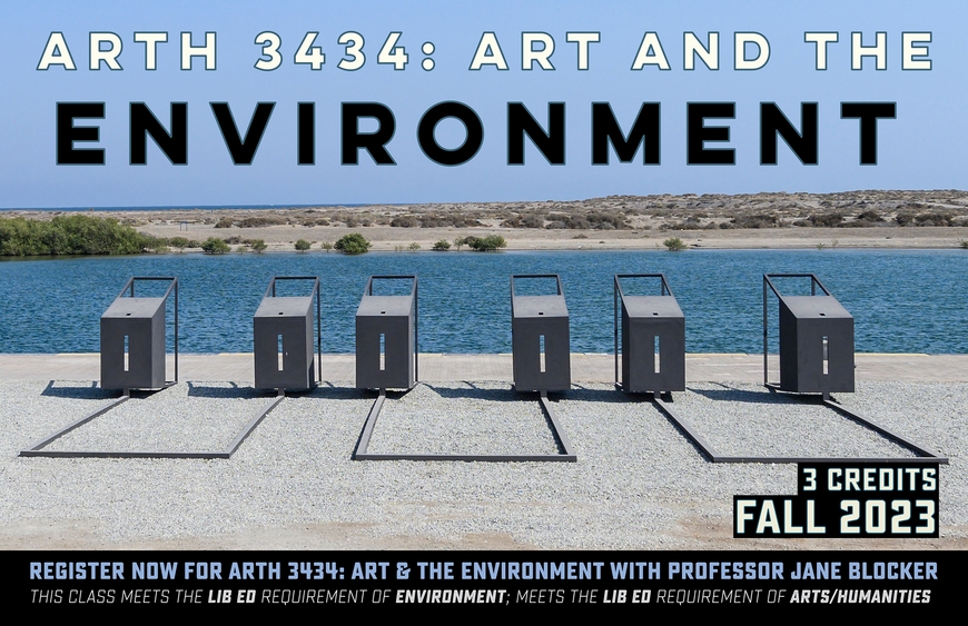 Poster for ArtH 3434 showing sculpture pieces in front of a body of a water