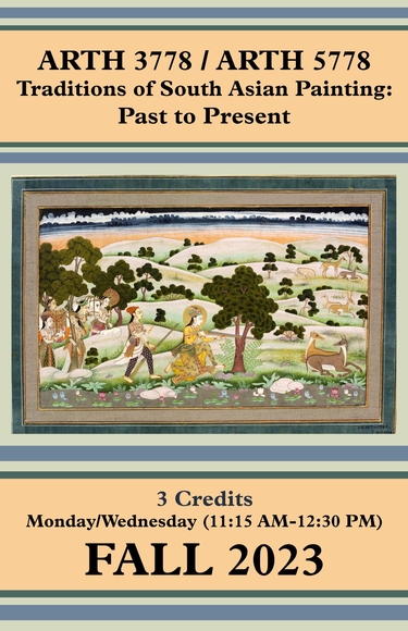 Poster for ArtH 3778/5778 showing a South Asian tapestry with people in a field