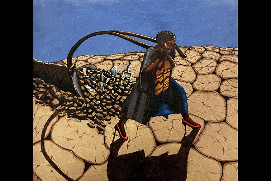A Black woman in a graduation outfit and high heels pull a plow behind her that pushes along trophies and awards through a desert landscape.