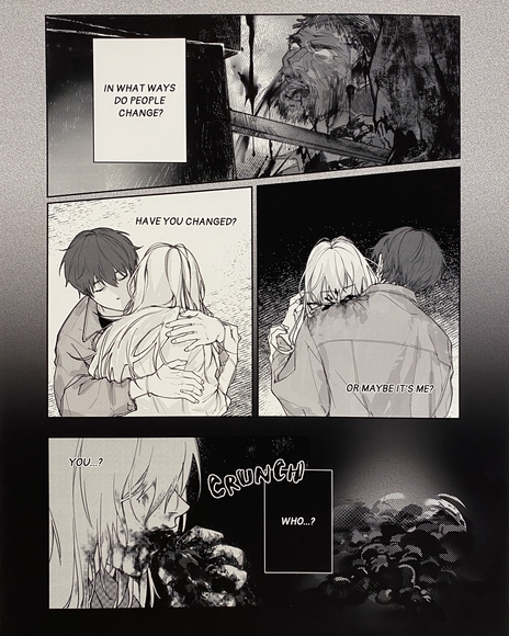Comic book page of a couple embracing while one turns into a monster