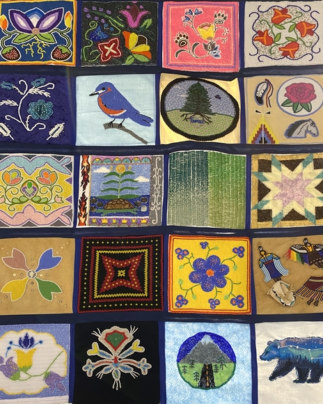 Grid of 20 beaded squares depicting birds, flowers, and patterns