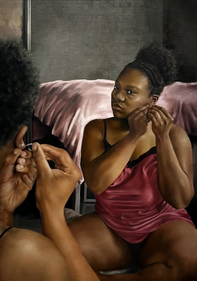 Painting of a Black woman putting in an earring in front of a mirror