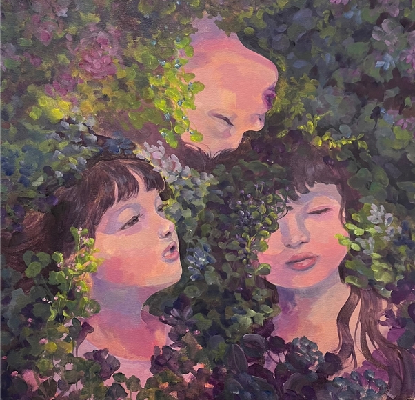 Three childlike, angelic faces emerge from a lush background to create a triangular composition between their heads.