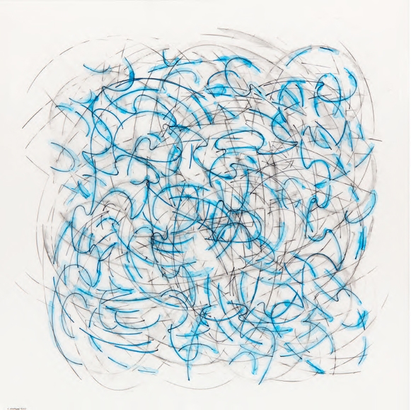 Abstract drawing of blue and black lines swirling on white.