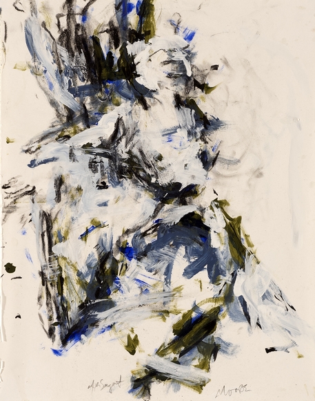 Expressionistic painting of blue and gray brushstrokes creating a loose figural form on cream background