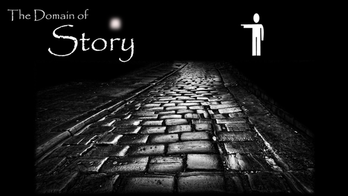 Image of a dark paved pathway forward with the text "The Domain of Story"
