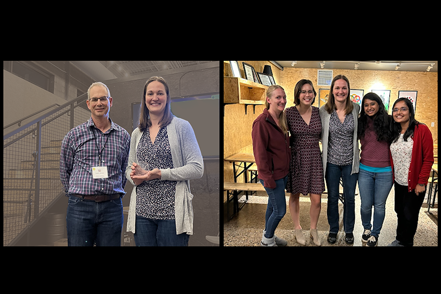 On the left, Lindsey Dietz appears holding her alumni award, standing beside School of Statistics Director Galin Jones, both wearing business casual attire. On the right is a photo of Lindsey Dietz and four other female alumnae huddled together and smiling for a photo.