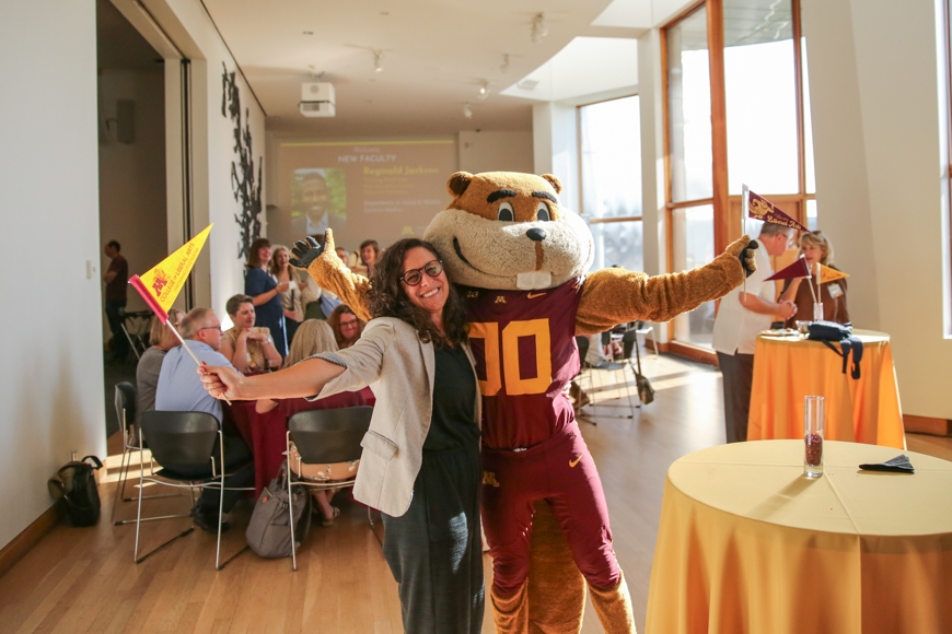 Goldy and Hubbard School teaching specialist Stacie Swenson pose for a photo together