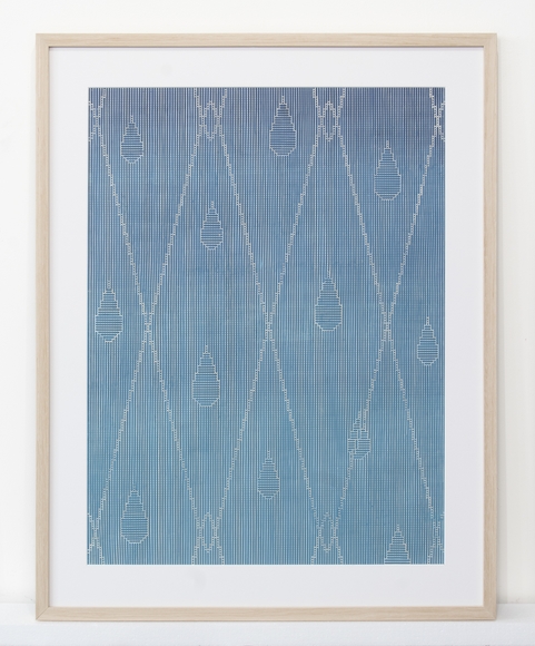 Blue and white textile artwork with diamond pattern and raindrops