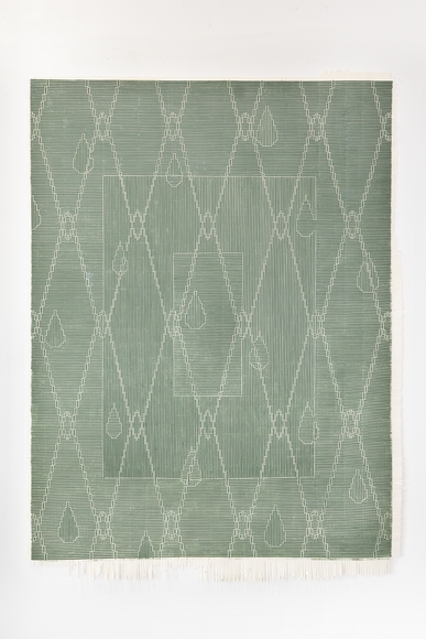 Green woven artwork with a diamond pattern reminiscent of chain-link fence