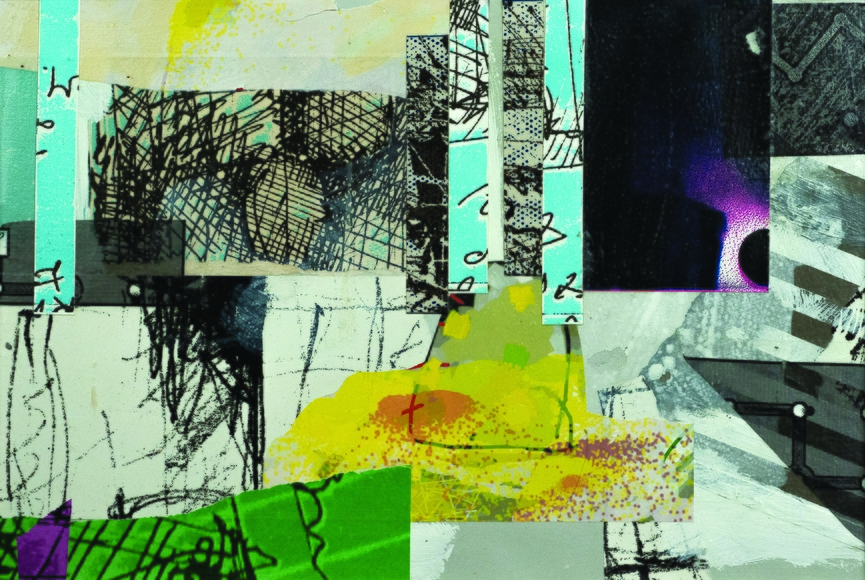 Abstract collage of rectilinear shapes and organic scribbles