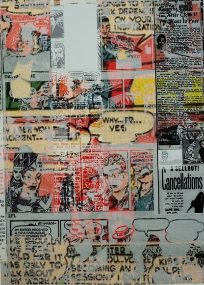 Several old comic strip pages printed on top of each other, some in color and some in black and white