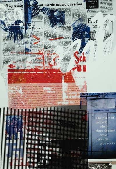 Digital collage of various color blocks, scribbled lines, and snippets of newspaper articles