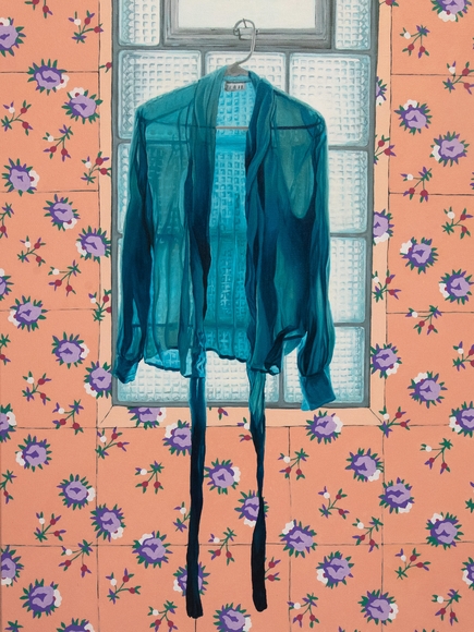 Painting of a turquoise blouse in front of block windows