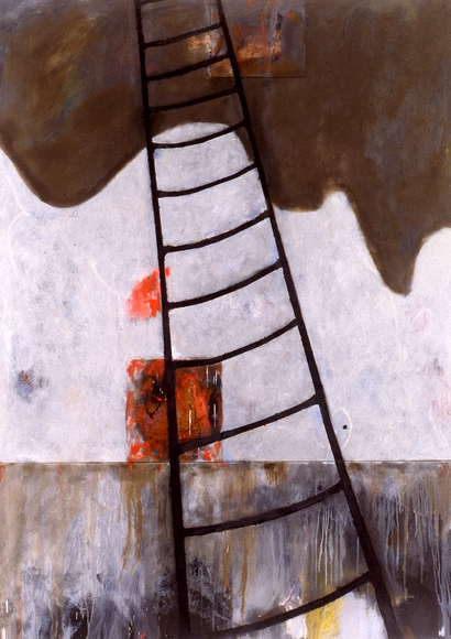 Painting of a black ladder reaching vertically from top to bottom in front of a landscape of brown and gray