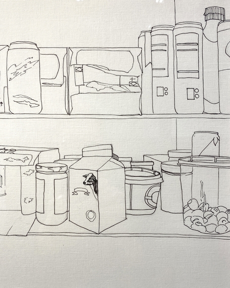 Line drawing of groceries inside a refrigerator.