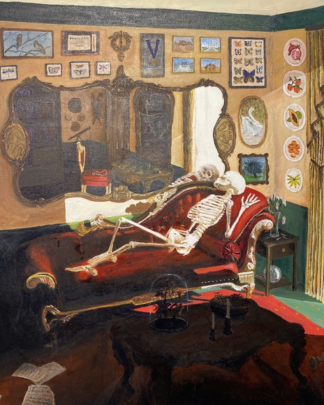 Painting of a skeleton reclining on a red chaise lounge in a salon-style room full of art and mirrors